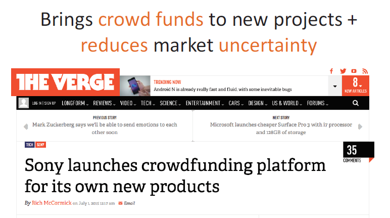 Brings crowd funds to new projects + reduces market uncertainty